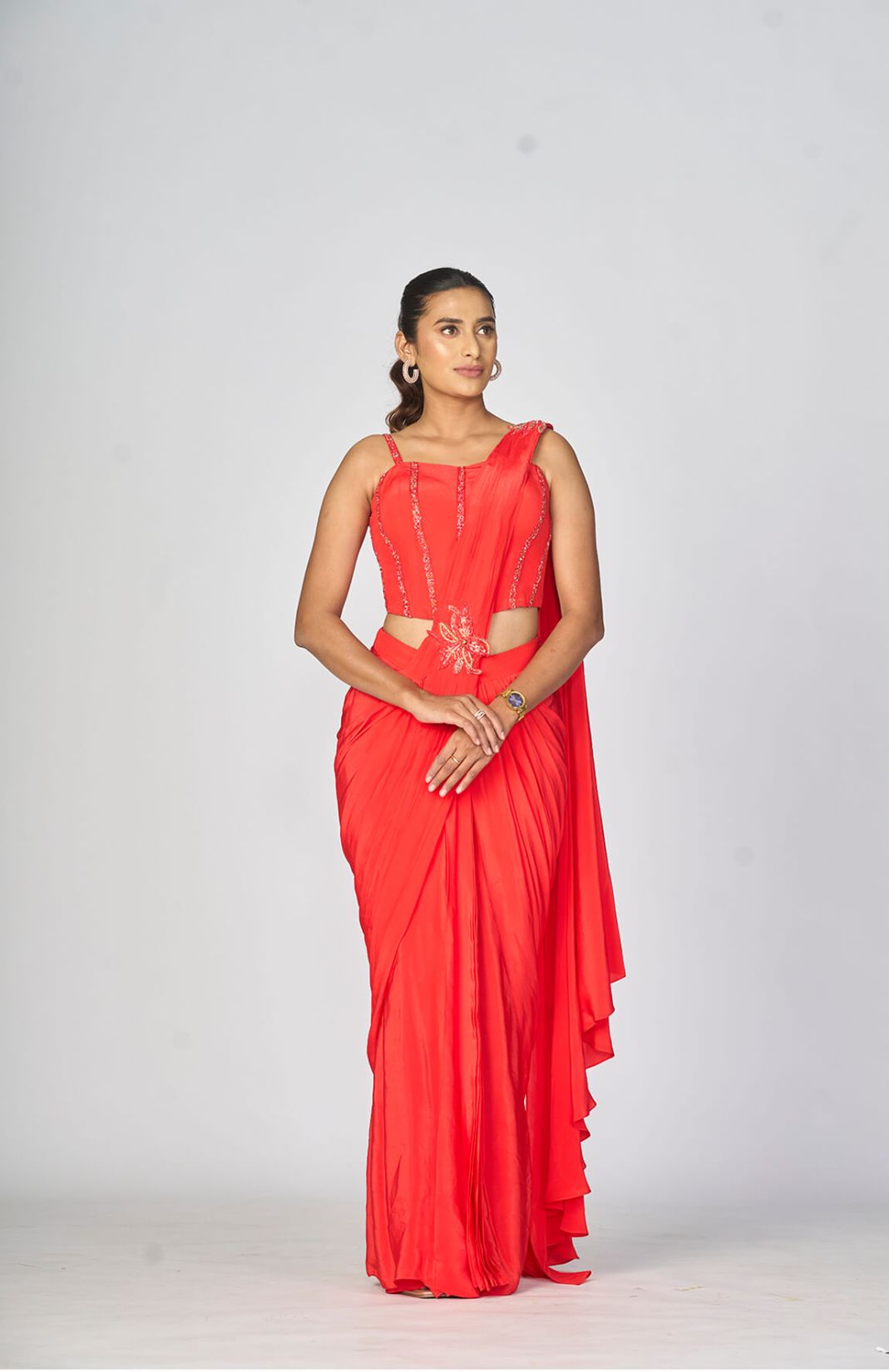 Lovely Red Corset Blouse With Drape Saree