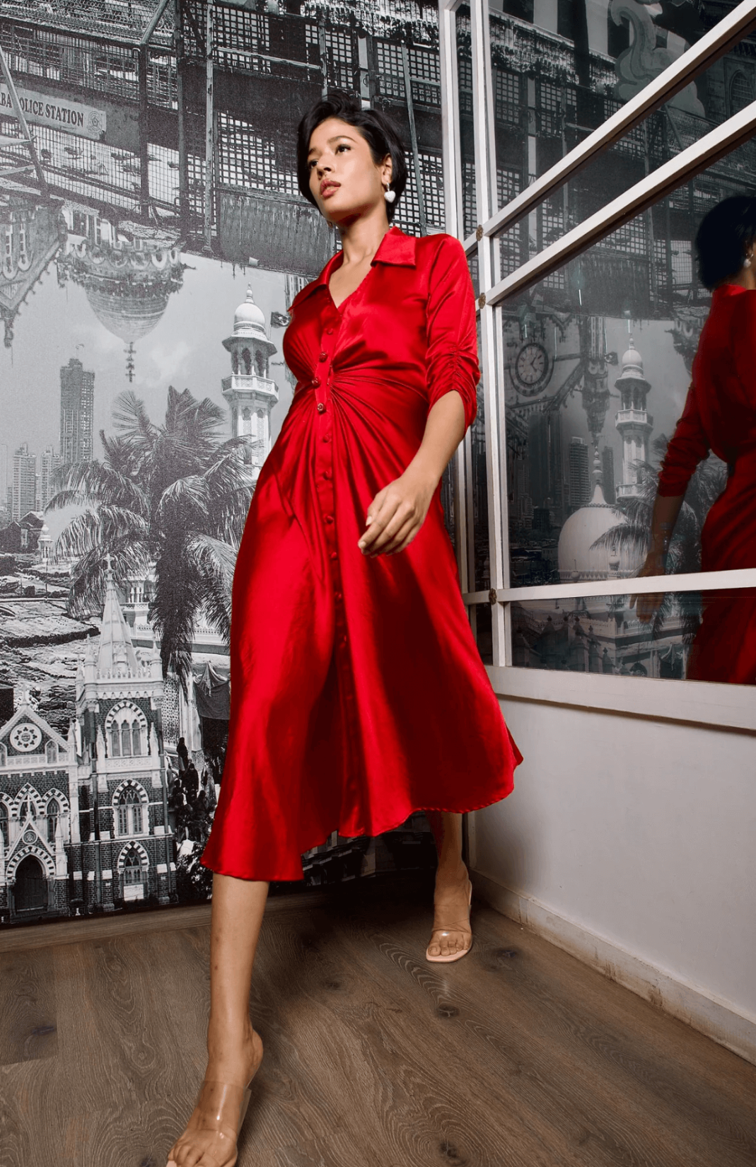 Red Satin Cinched Midi Dress