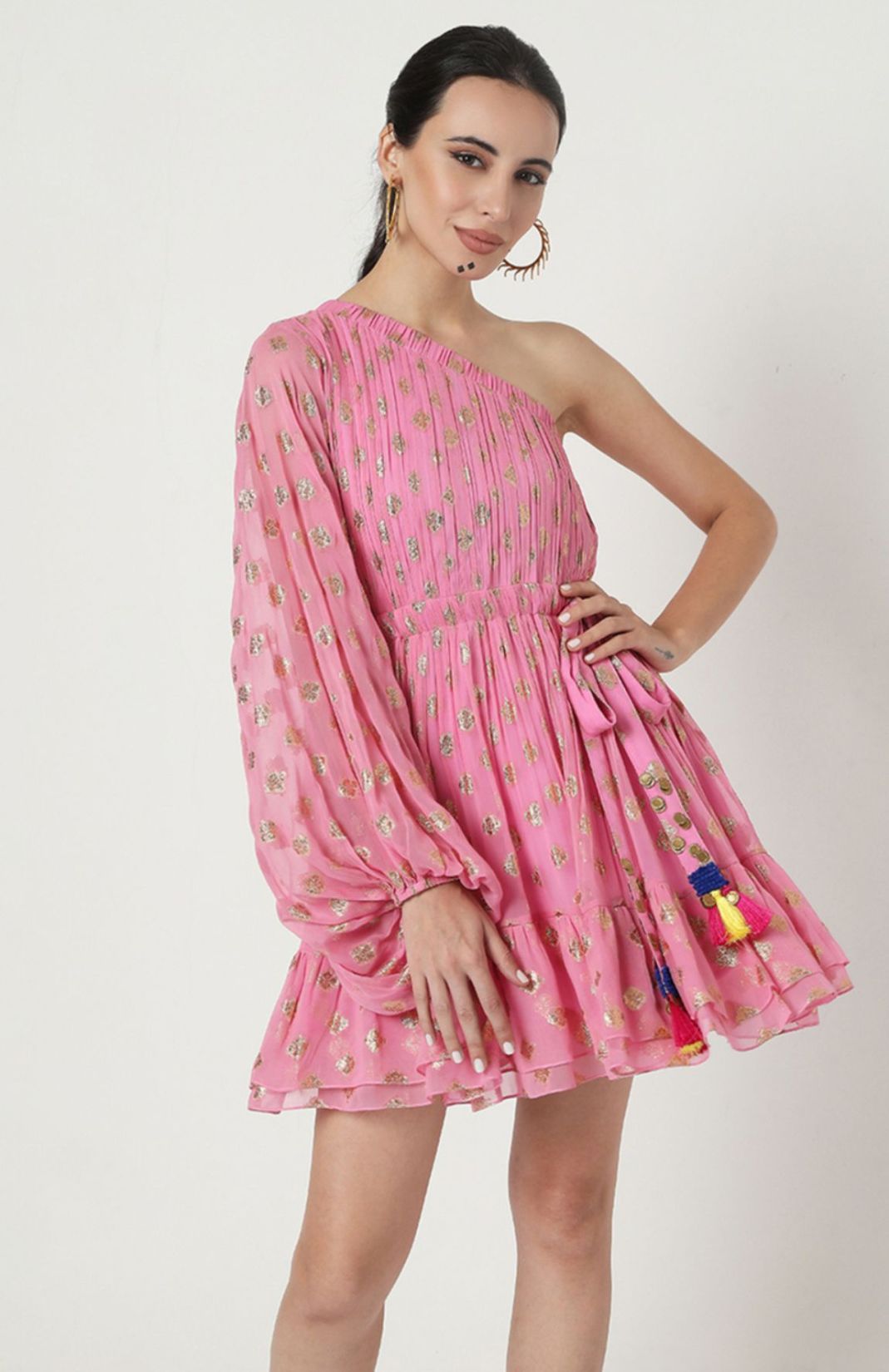 Pink Embroidered One Shoulder Dress