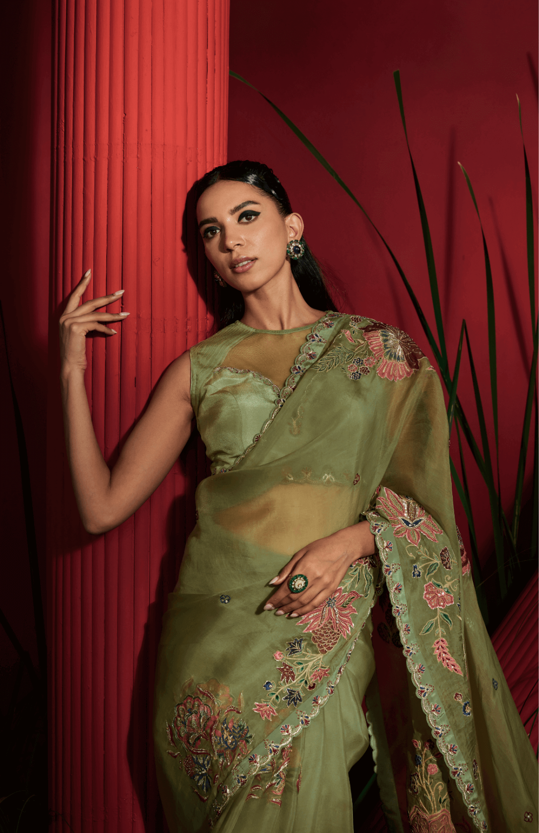 Pista Green Organza Silk Hand Embroidered Saree Set