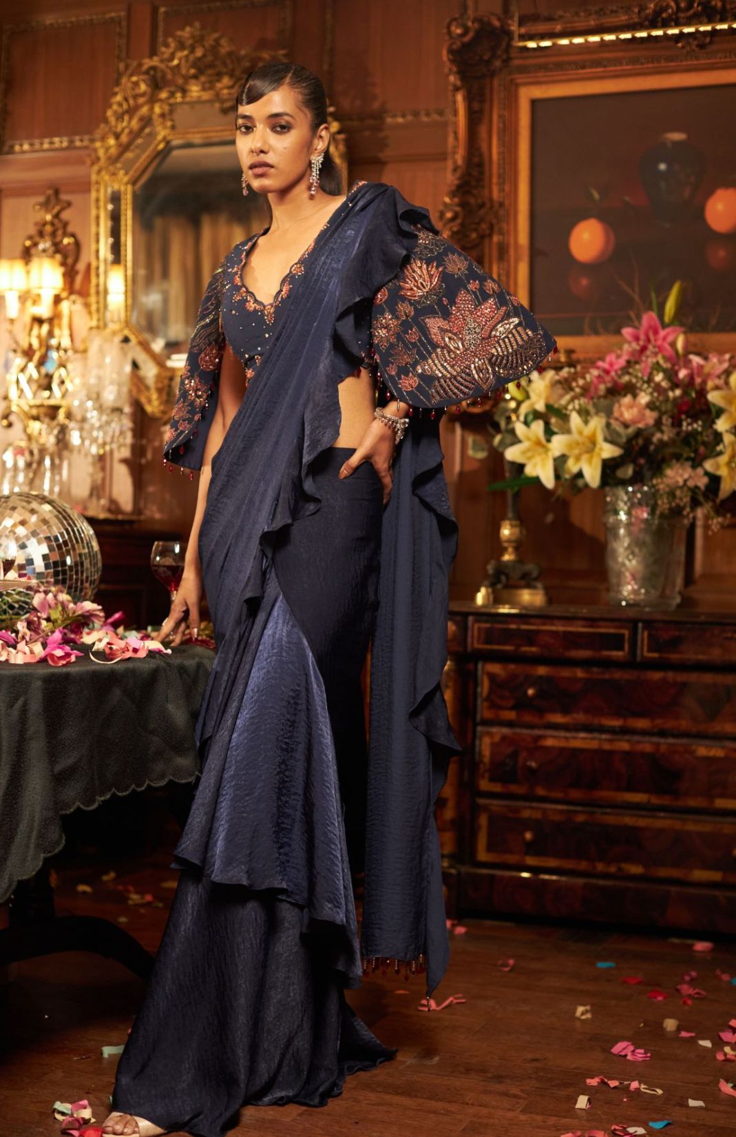 Midnight Blue Satin & Georgette Embroidered Drape Saree Set 