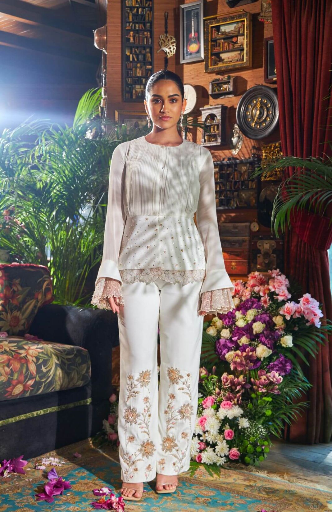 Ivory Pleated Shirt Embroidered Pant Set 