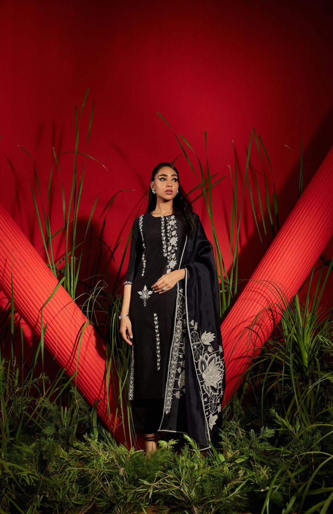 Black Silk Chanderi Embroidered Suit Set