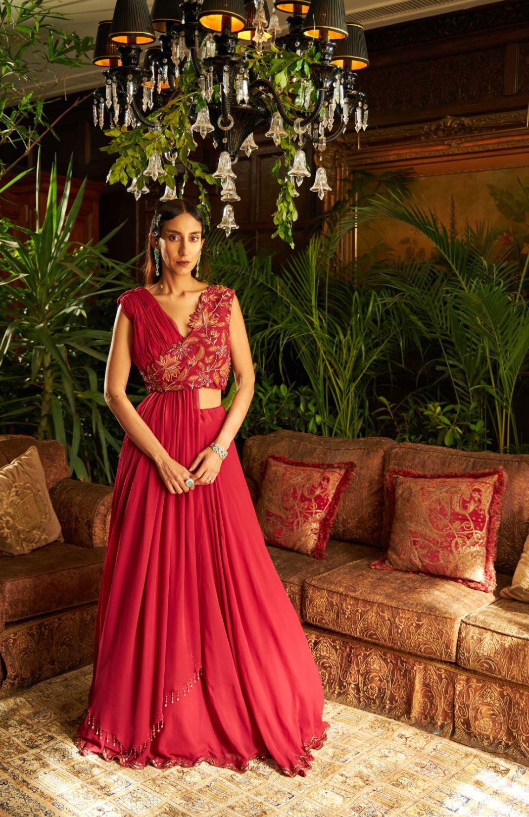 Deep Red Draped Blouse Embroidered Georgette Skirt Set