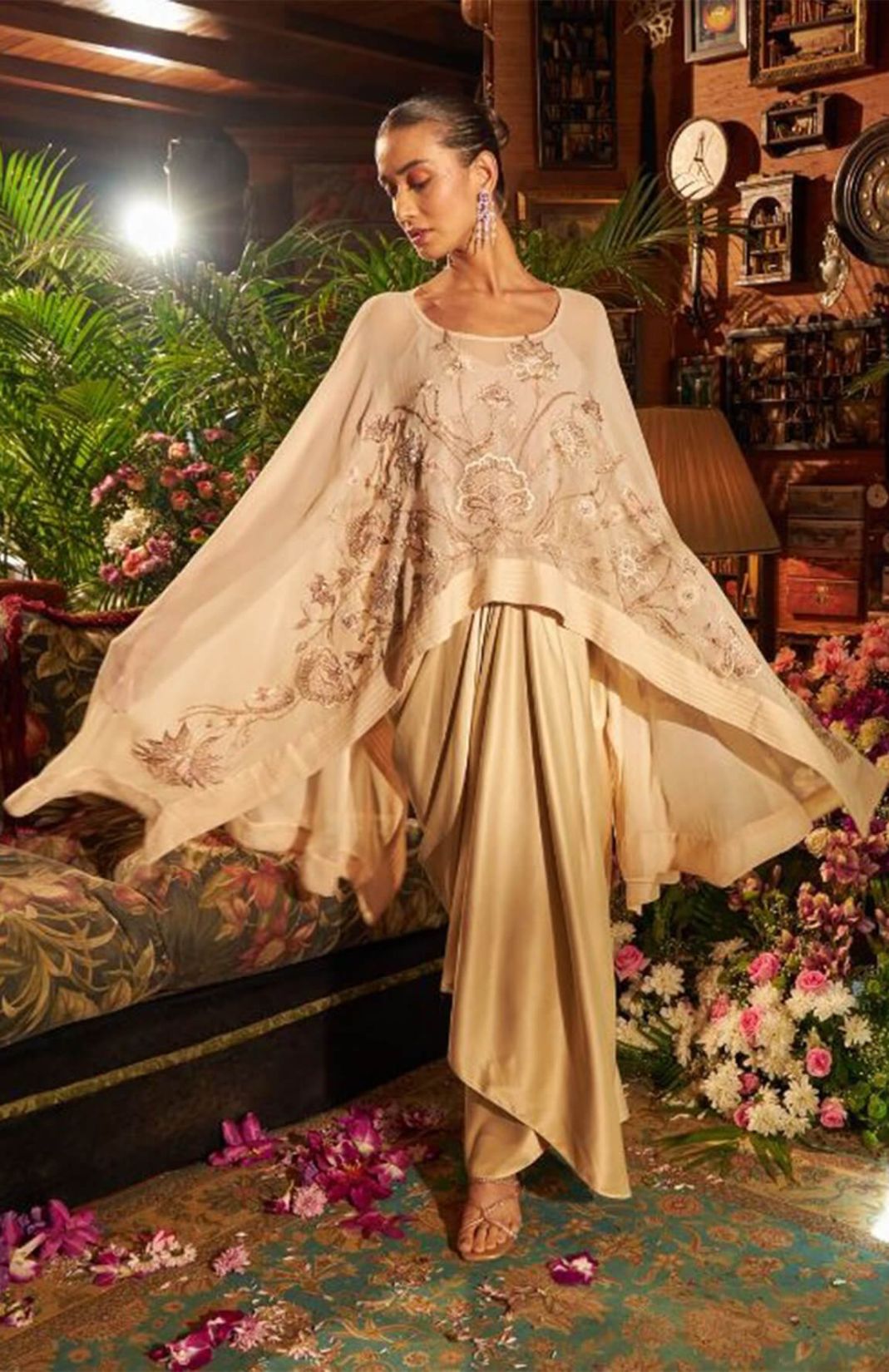 Beige Embroidered Kaftan Top With Draped Skirt