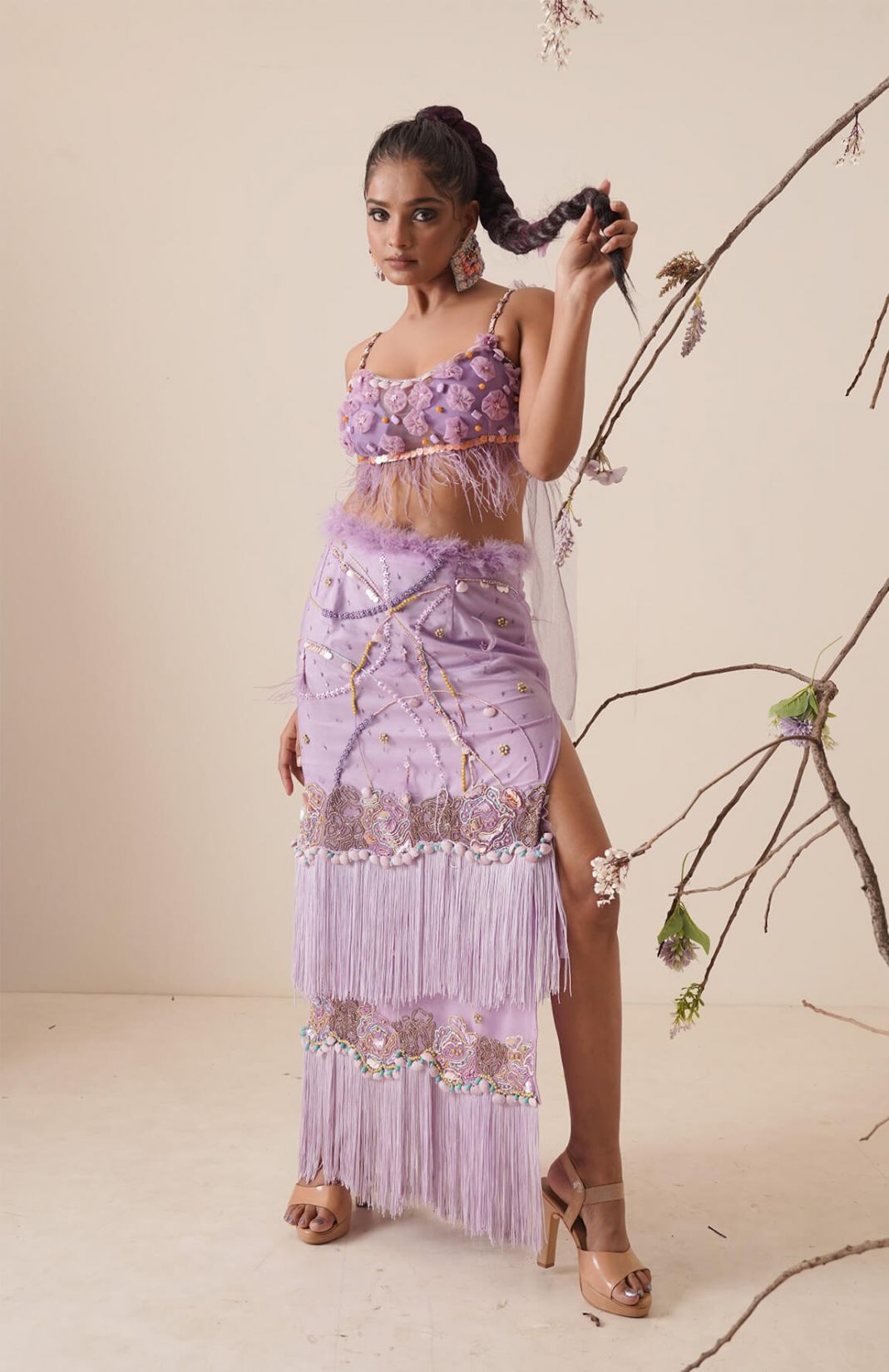 Lavender Skirt Top With Feather Embroidery Detail