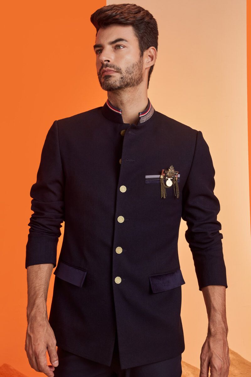Navy Bandhgala with Embroidered Collar