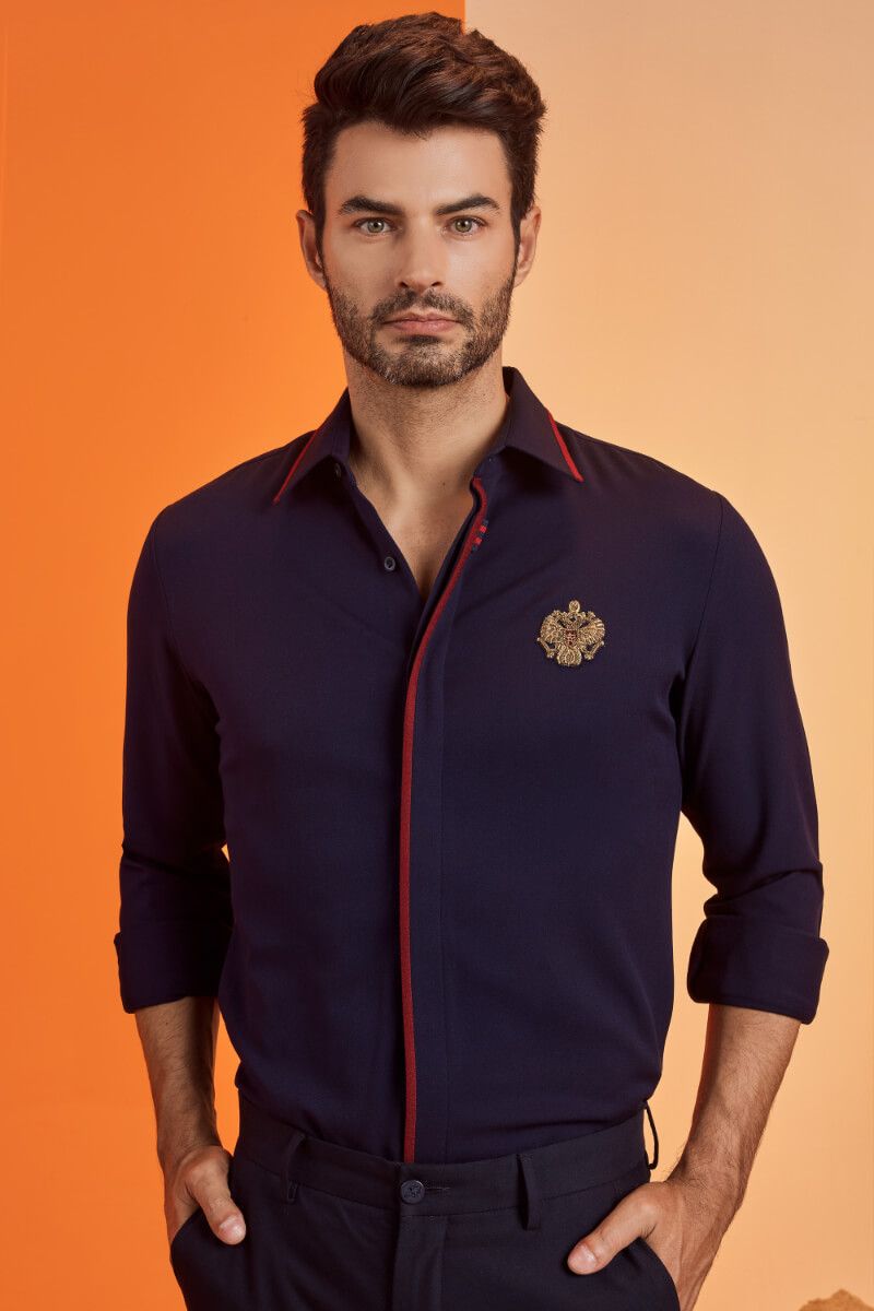 Concealed Placket Navy Shirt