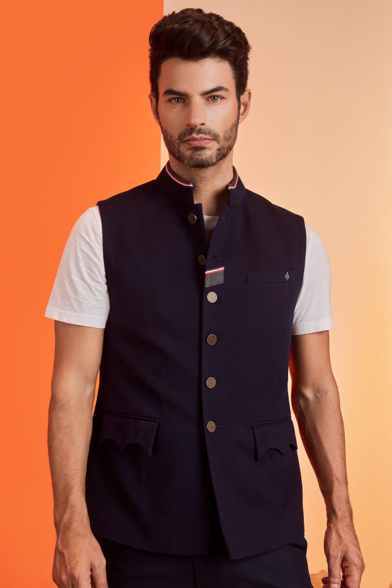 Classic Navy Waistcoat with Tape Details