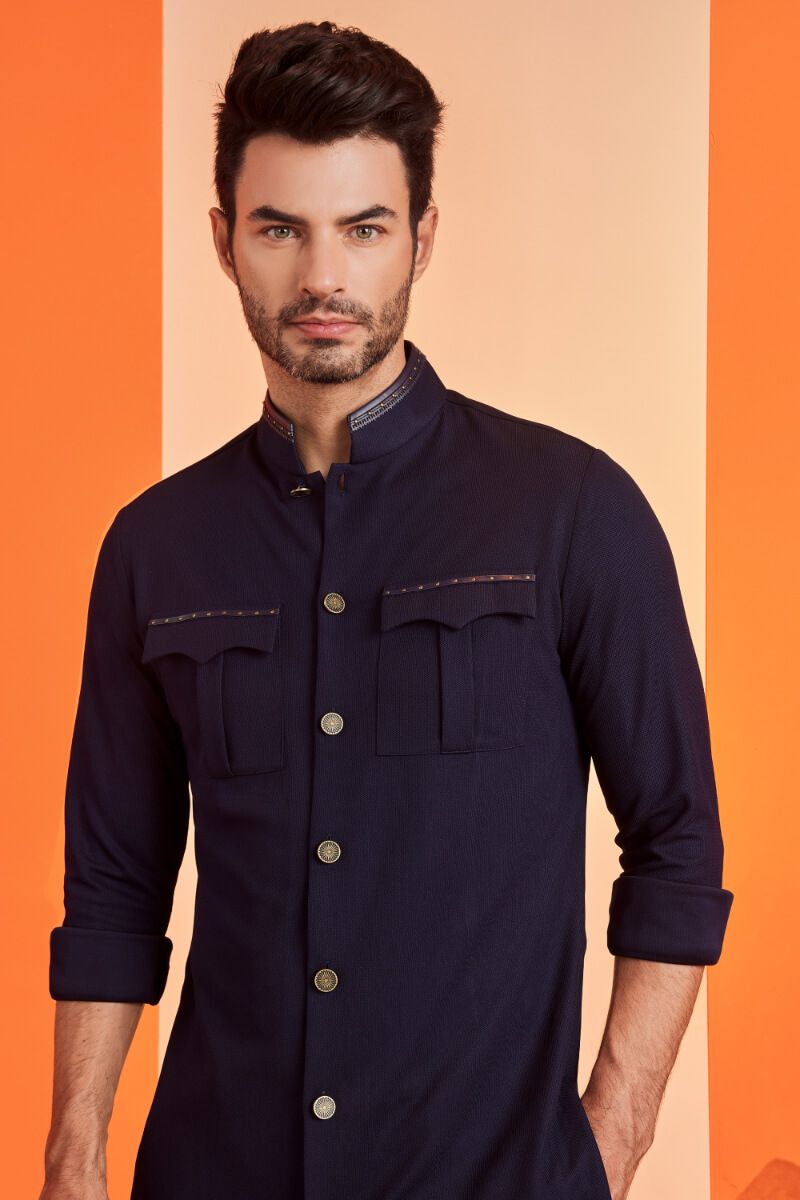 Navy Shirt Kurta With Contrast Embroidered Tape