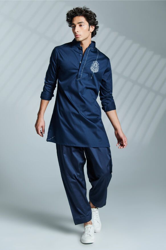 Classic Navy Kurta With Embroidered Crest