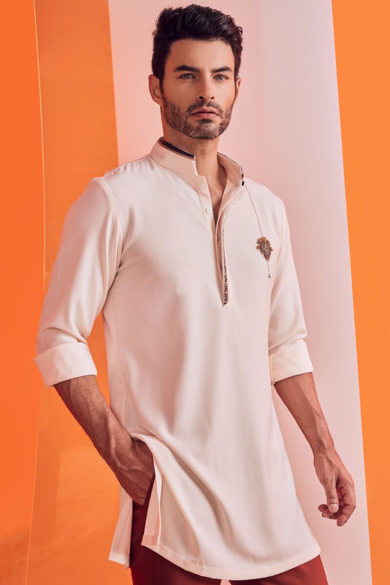 Off White Kurta With Embroidered Placket