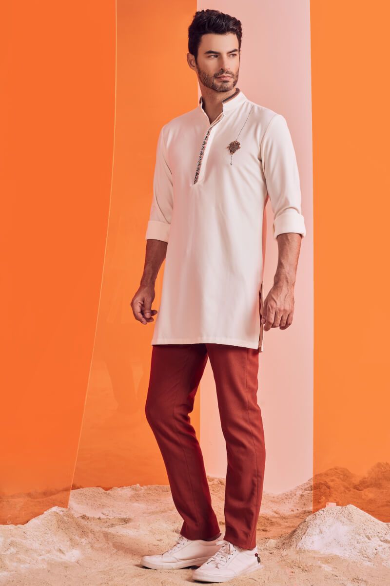 Off White Kurta With Embroidered Placket