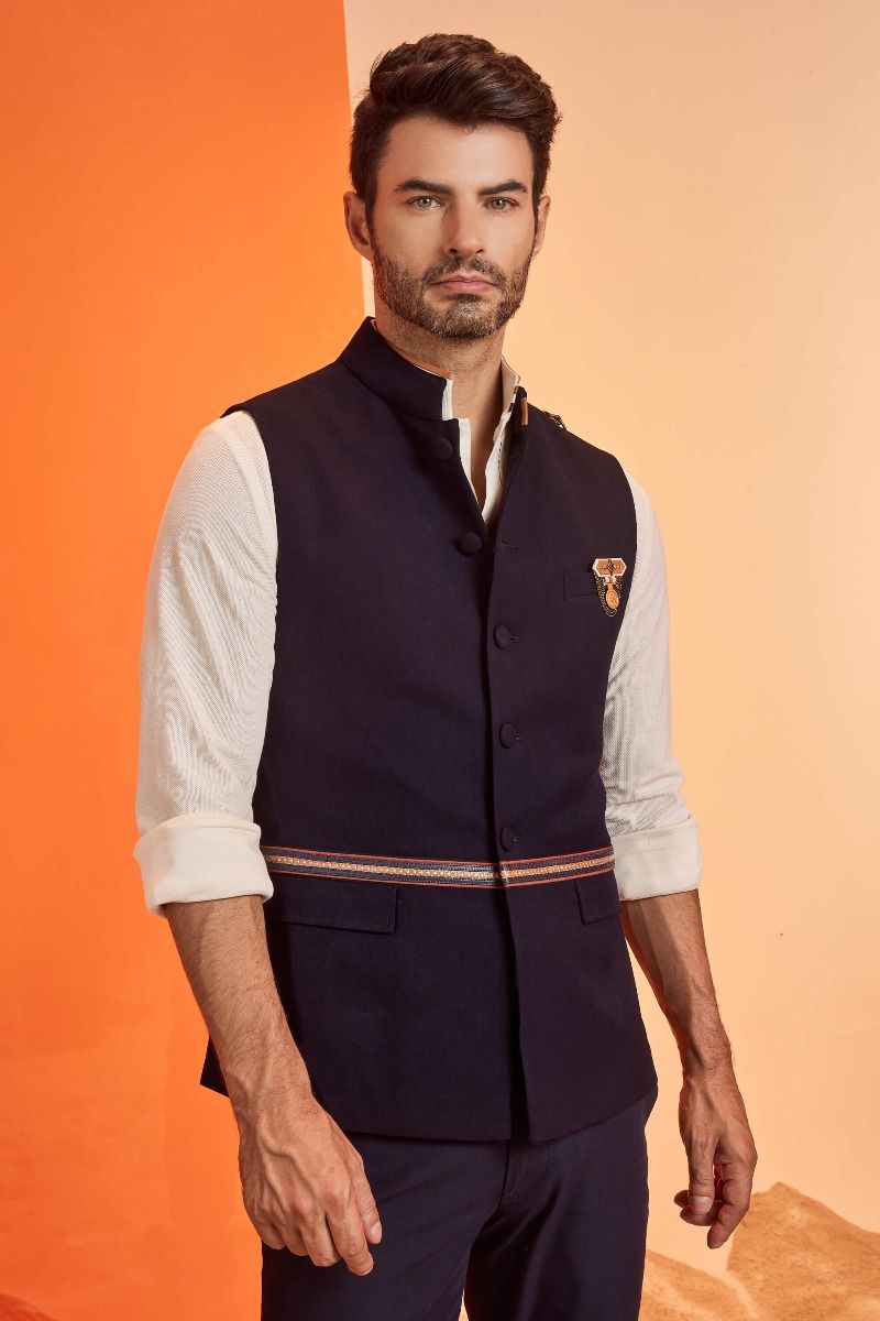 Navy Waistcoat with Faux Leather Belt Detail