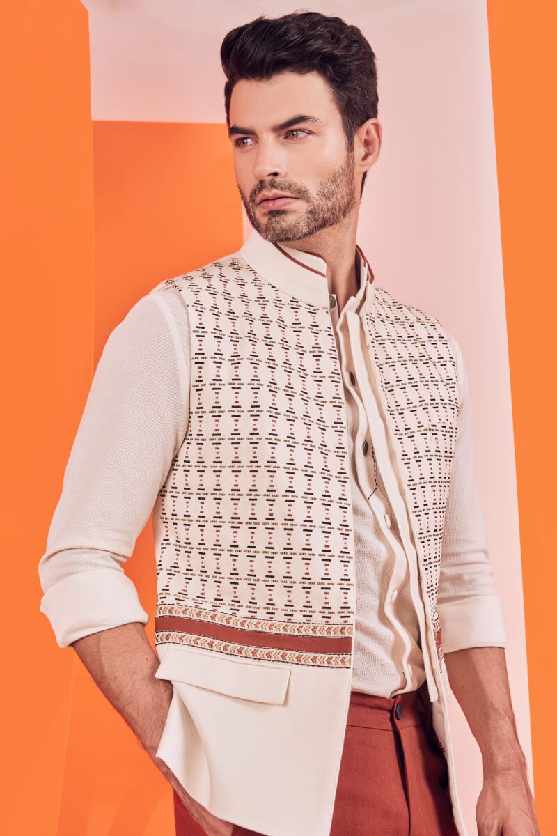Embroidered Off White Waistcoat