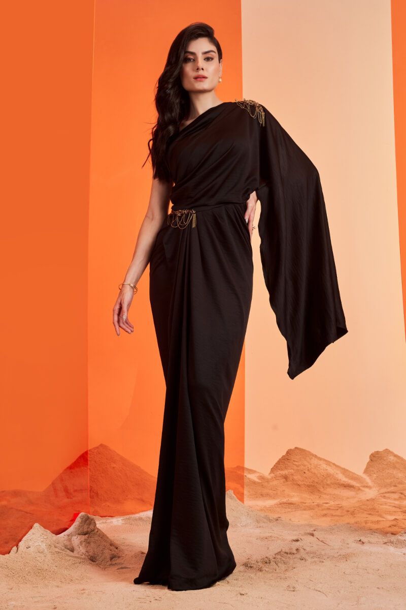 One Shoulder Black Saree Gown