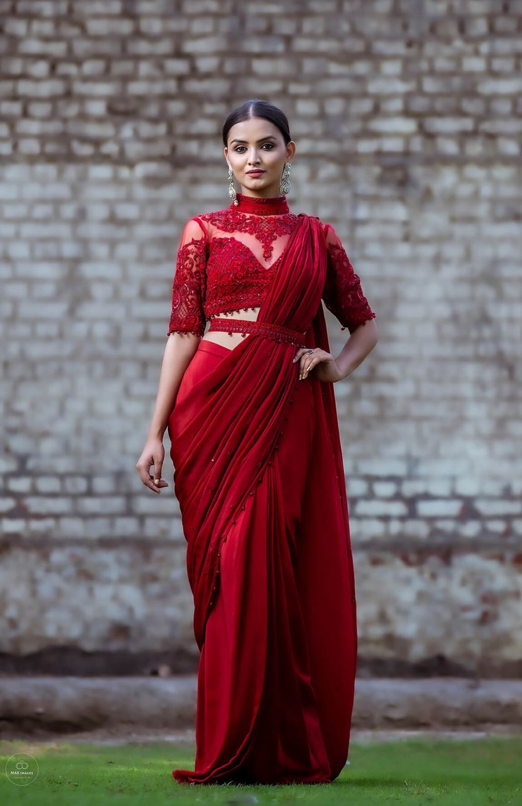 Maroon Embroidered Marsala Drape Saree With Blouse Set