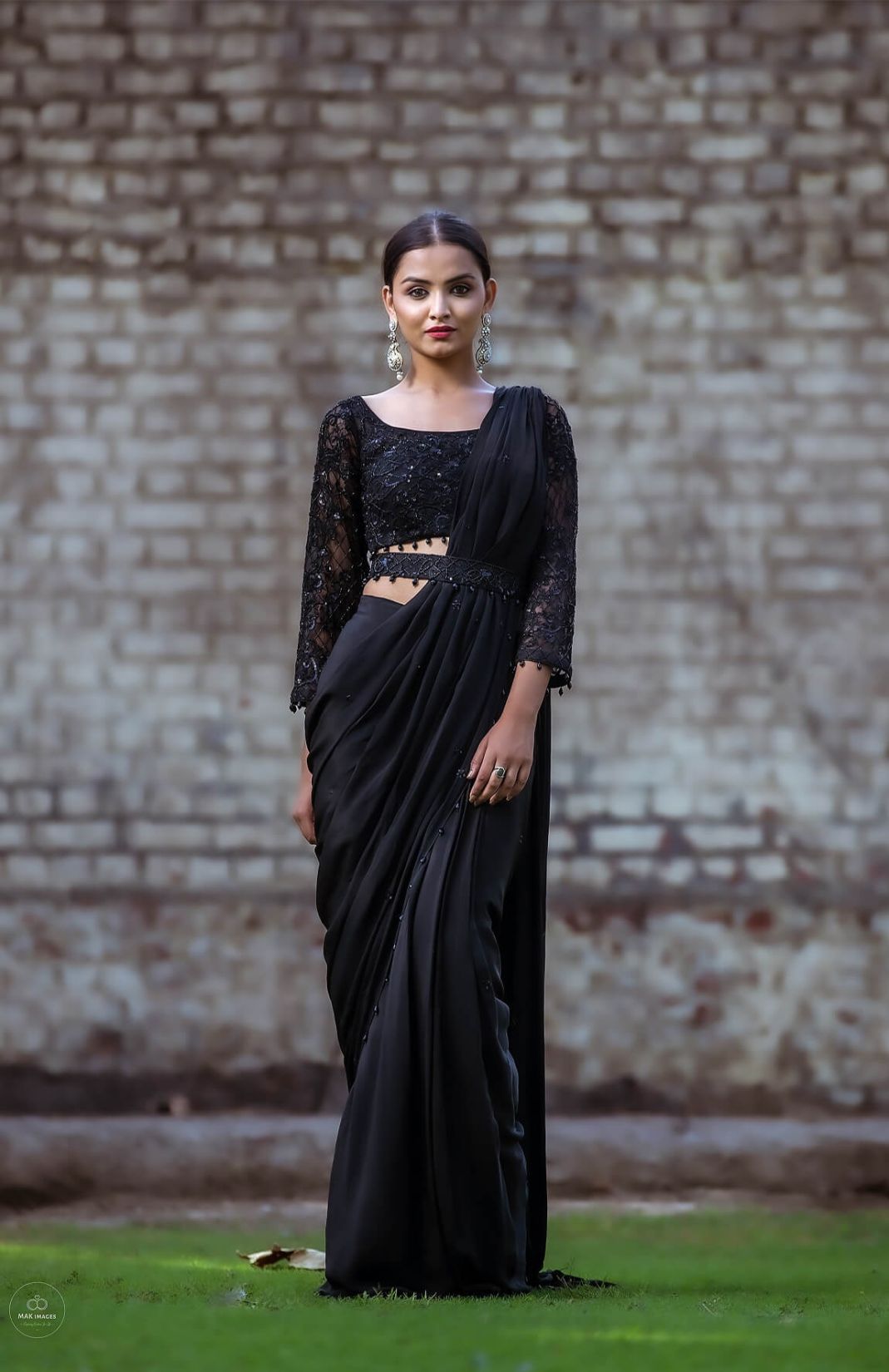 Midnight Black Embroidered Marsala Drape Saree With Blouse Set
