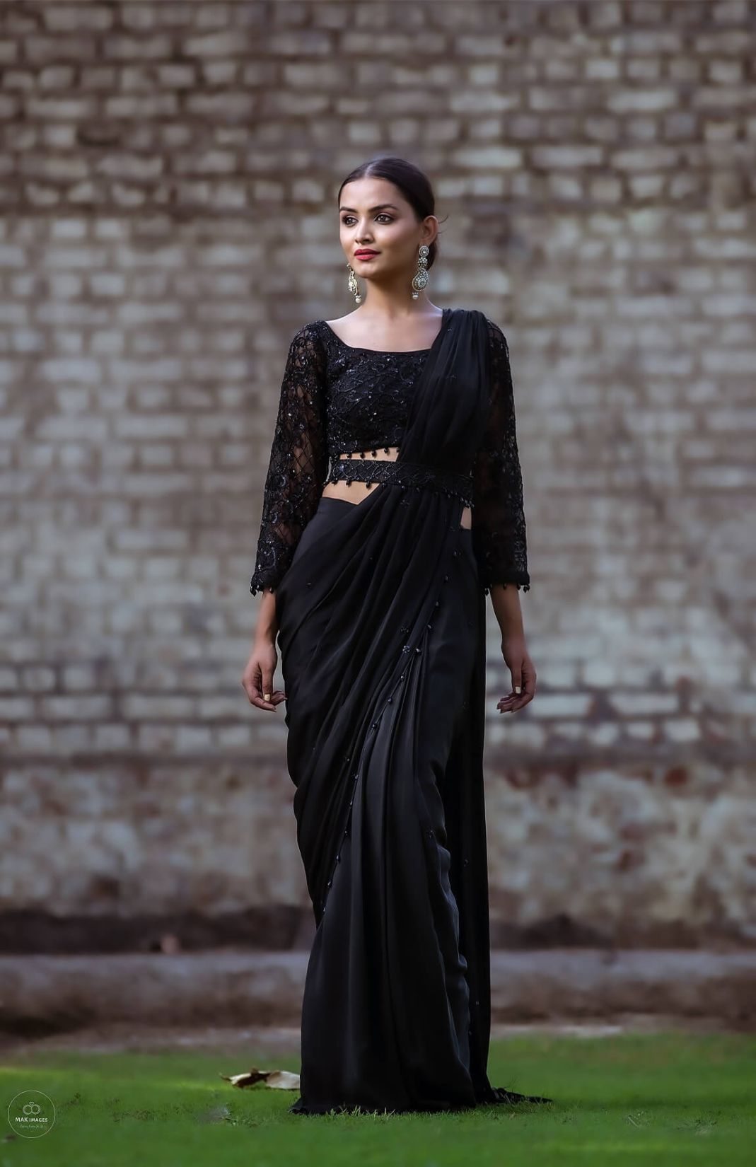 Midnight Black Embroidered Marsala Drape Saree With Blouse Set
