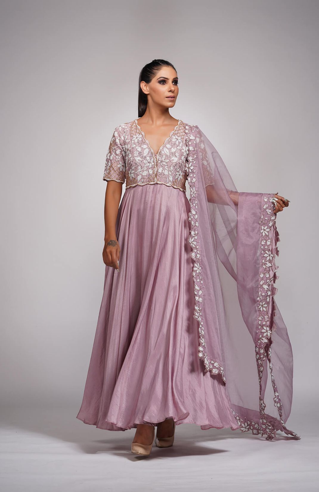 Lilac Anarkali With White Embroidery