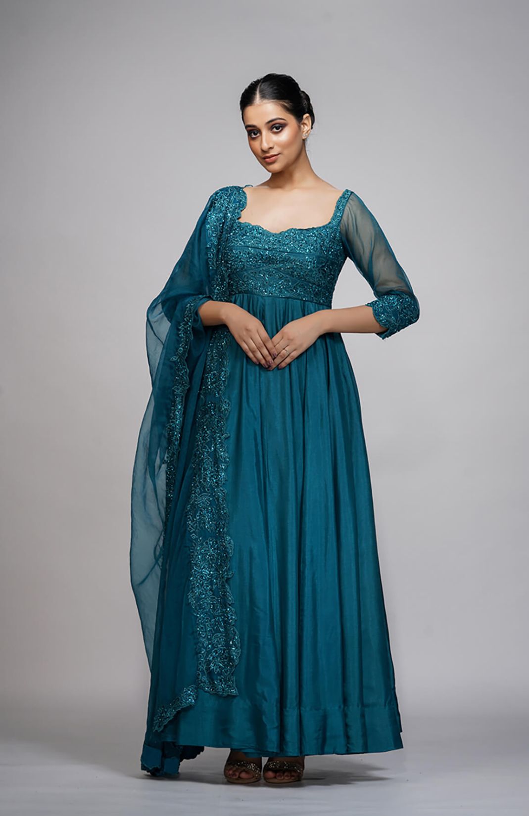 Classic Teal Embroidery Anarkali Set