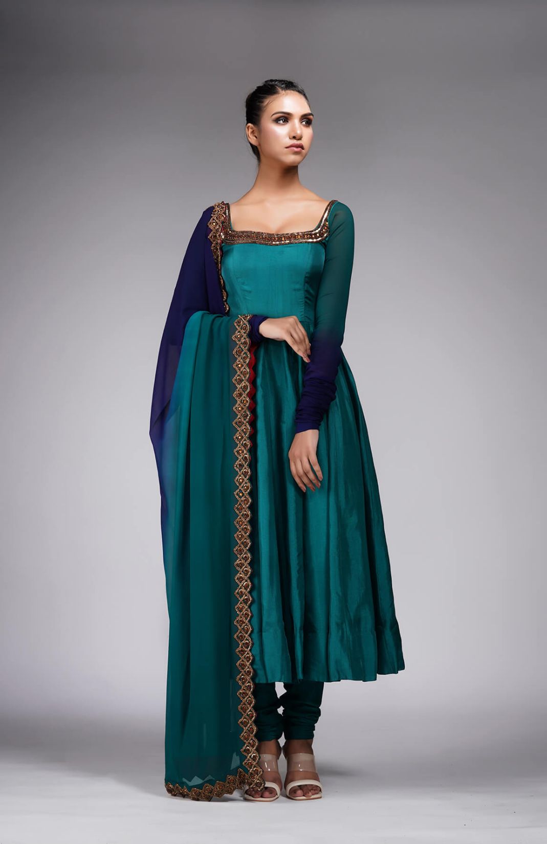Teal Anarkali With Gold Embroidery