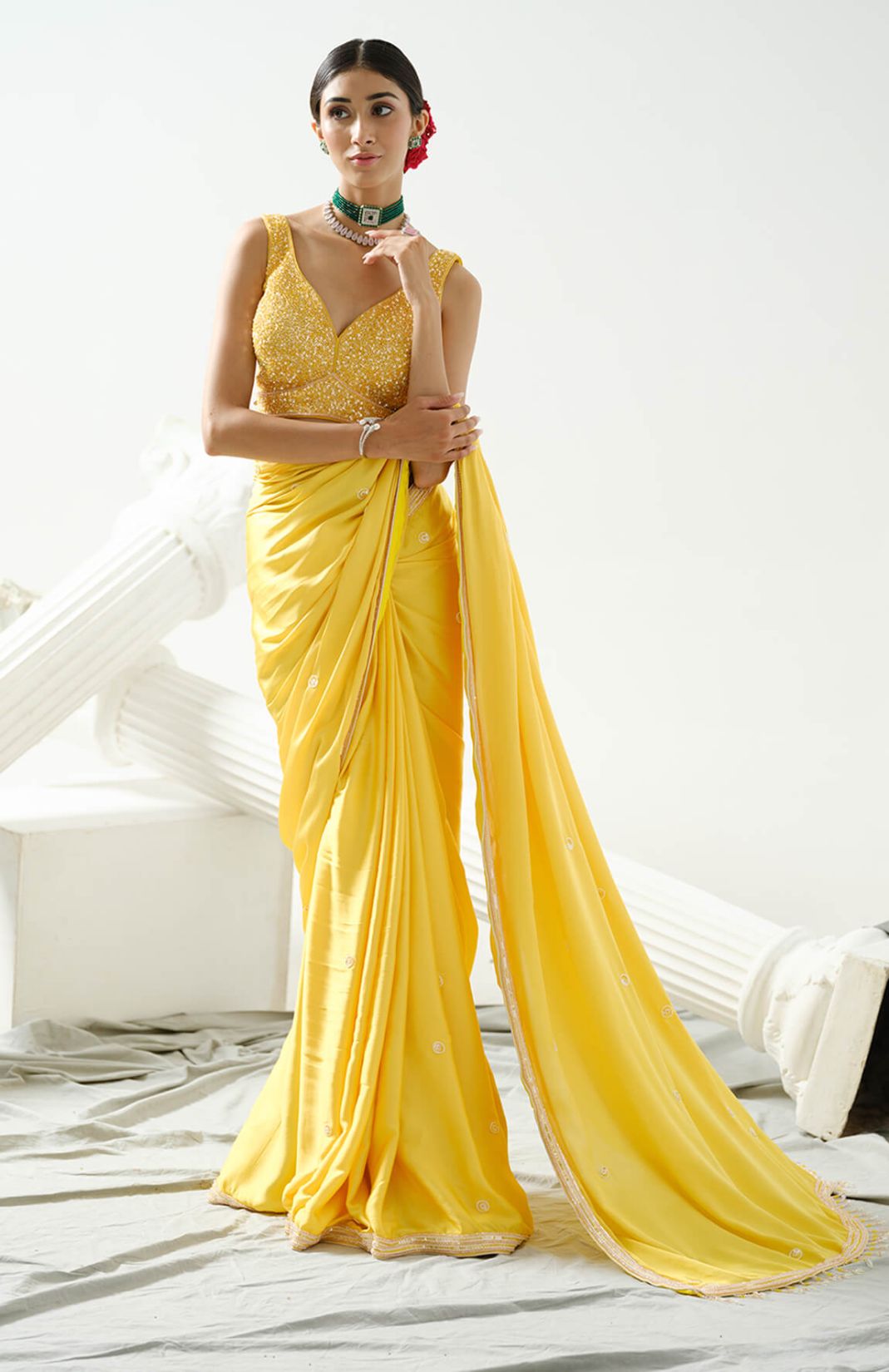 Celeste - Yellow Crystal And Sequin Handcrafted Saree  