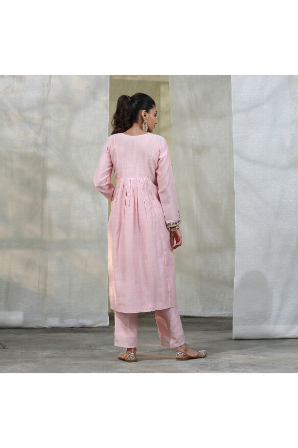 Handloom Baby Pink Chanderi Silk Suit Set With Hand Embroidery Dupatta