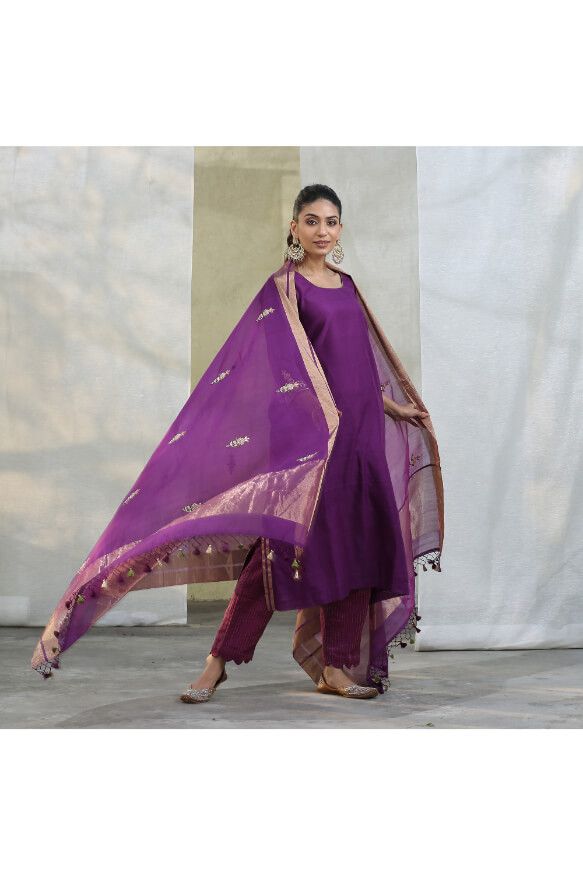 Purple Handloom Chanderi Silk Kurta With Zari Pant Suit Set With Dupatta