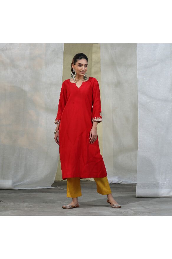 Handloom Red Chanderi Silk Kurta With Pants Suit Set With Dupatta