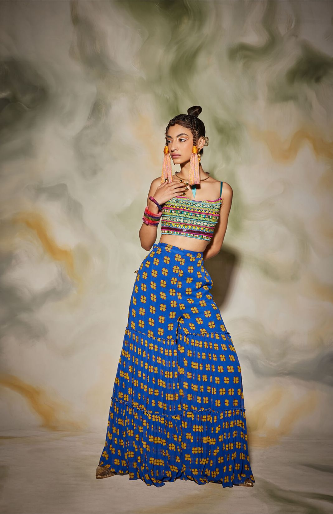 Blue Embroidered Bustier Crop Top  With Butta Print Gharara Pant With Dupatta